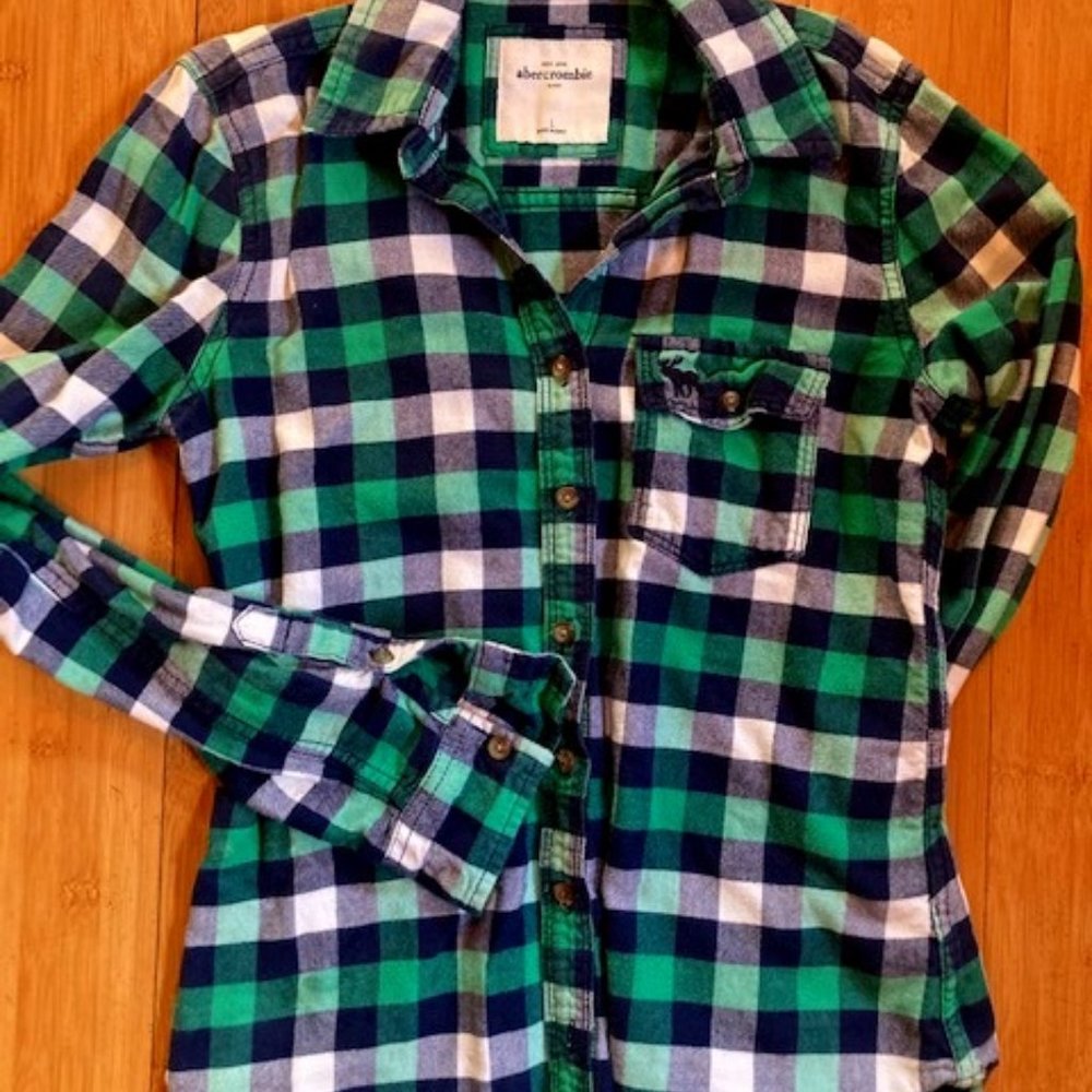 Abercrombie Green, Black and White Plaid Shirt